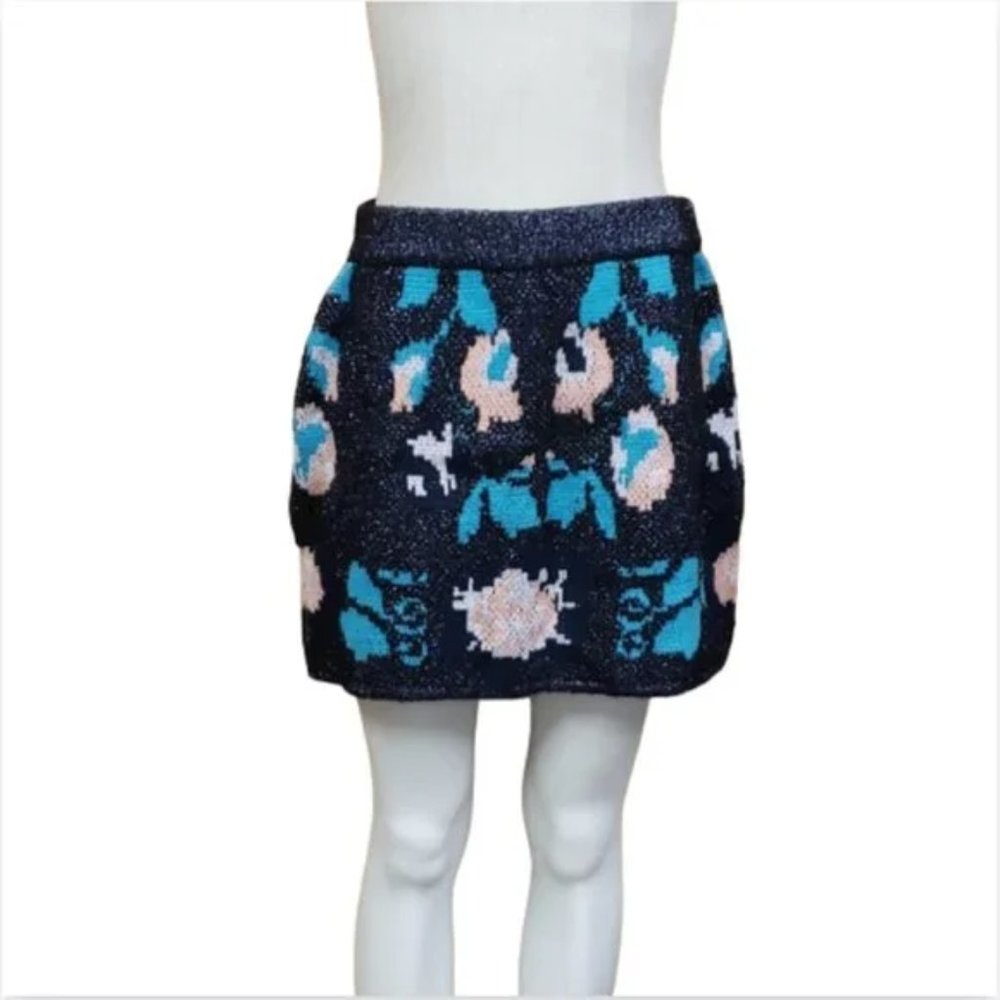 Zara Skirt Sz M Knit Jacquard Floral Shimmery Mini Gray Pink Blue Party Holiday